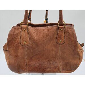 Vintage Distressed Fossil Brown Leather Satchel Purse With Dual Handles & Brass